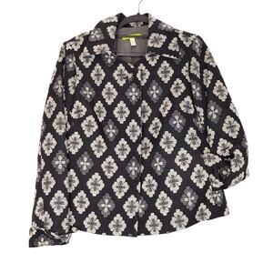 Sigrid Olsen Floral Brocade Jacket Button Up Textured Black White Womens Size 10